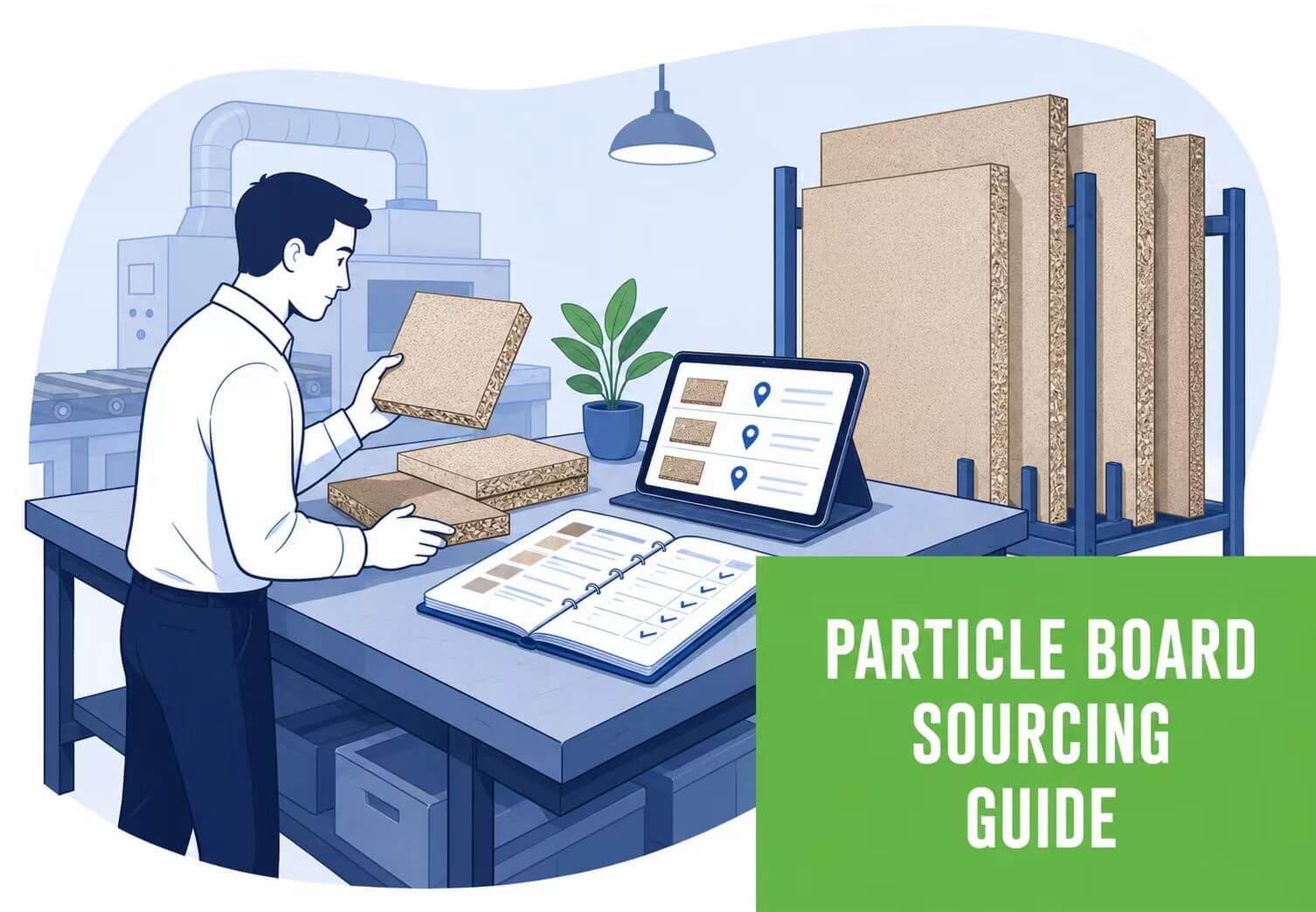 Particle board sourcing guide with board samples, specification sheet and supplier market map
