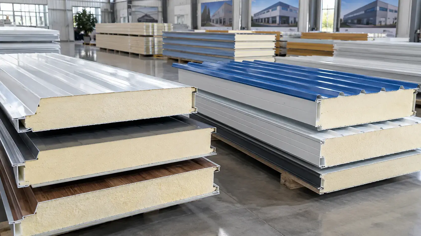 Close-up comparison of sandwich panel foam cores steel facings and joint profiles