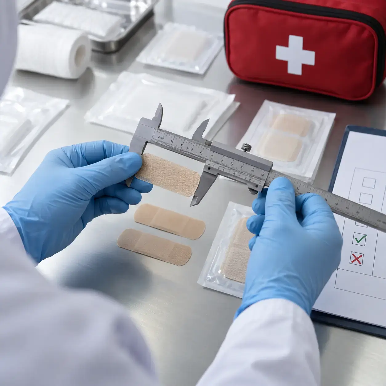 Quality control team checking first aid kit components against an approved BOM