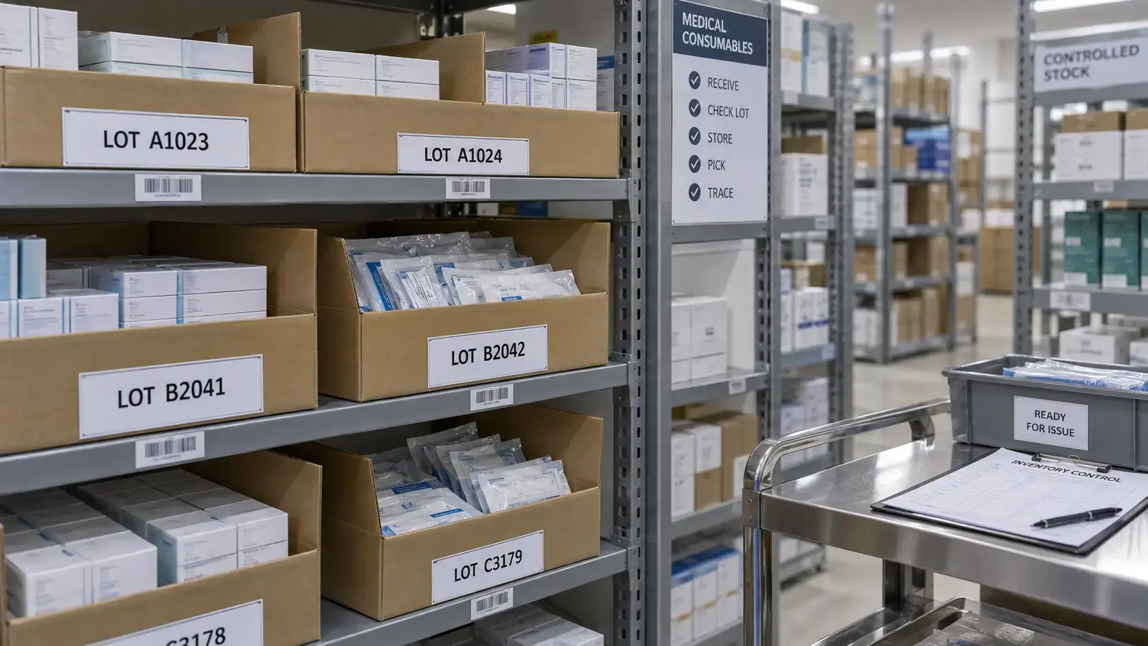 Quality inspector scanning barcode on sterile medical consumable packaging