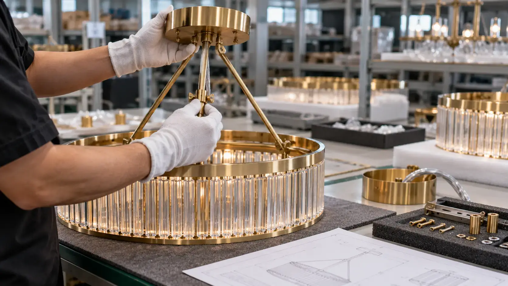 Custom hotel lighting packed with protective foam and hardware before export shipment