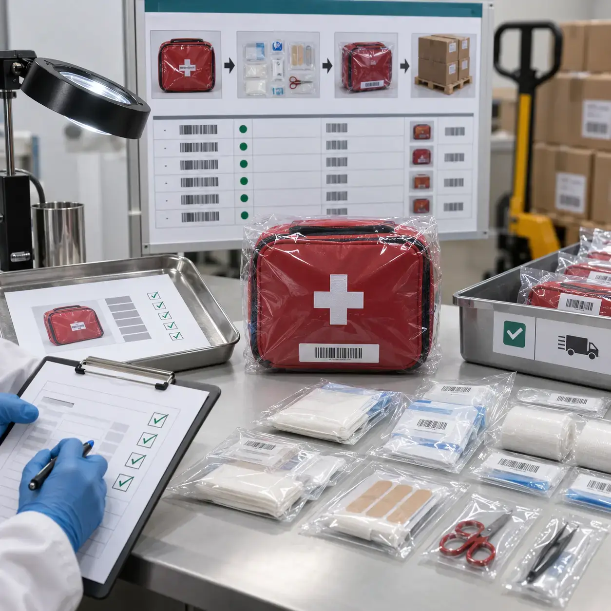 Private label first aid kit contents organized inside a portable zip pouch