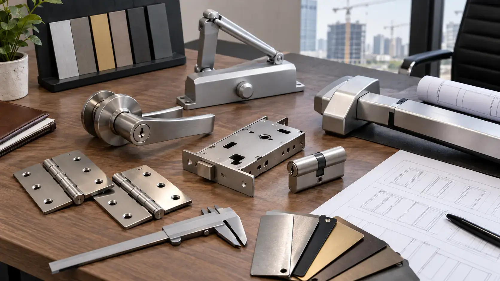 Architectural door hardware sourced from China including hinges, lever handles, mortise locks, cylinders, door closers and panic hardware