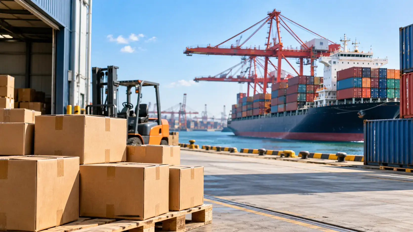 Forklift loading cardboard boxes onto pallets at a container terminal with a container ship and gantry cranes in the background