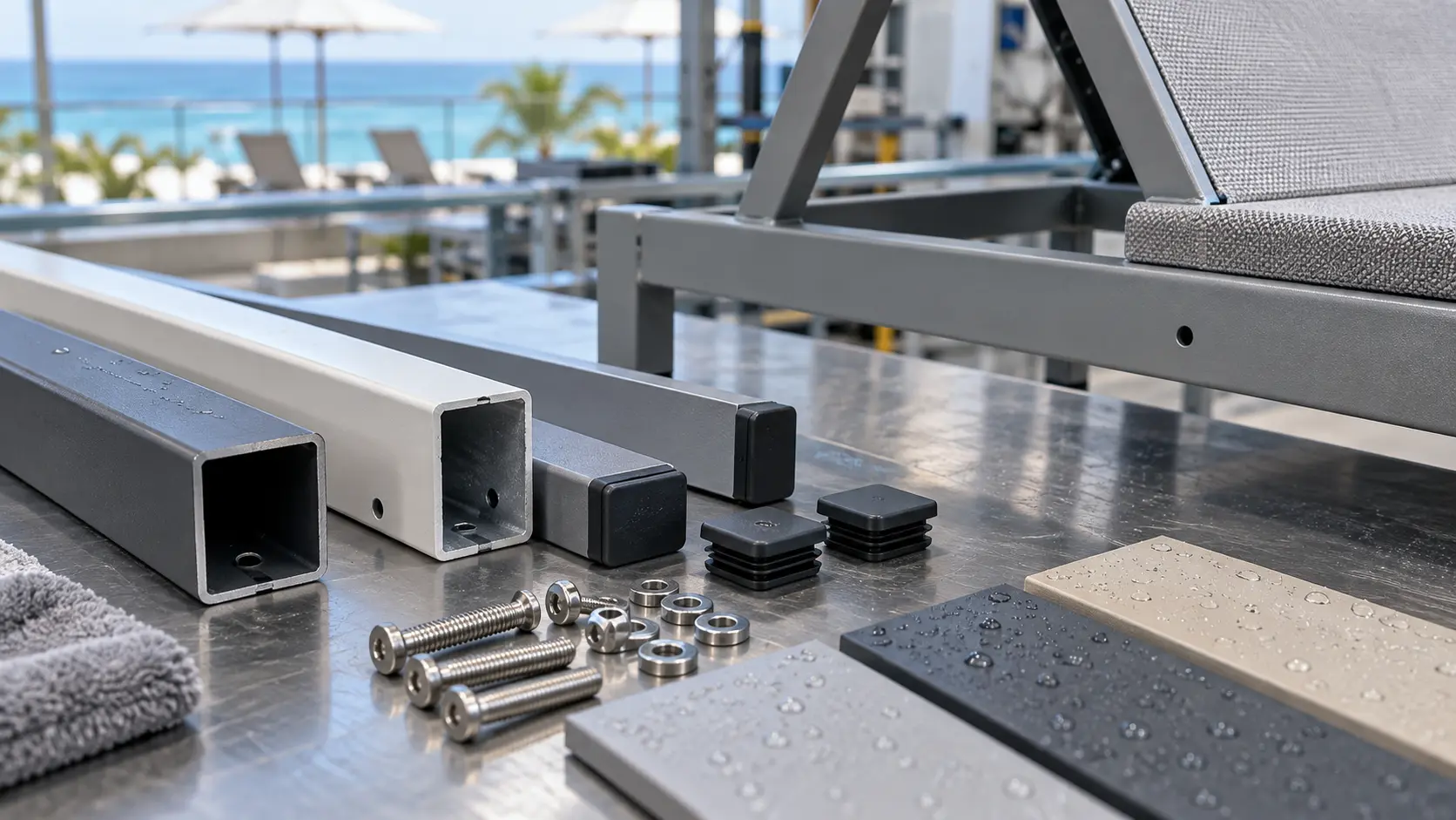 Powder-coated frame tube samples, colour panels, square end caps, glides and stainless fasteners laid out on a bench beside a coastal lounger frame
