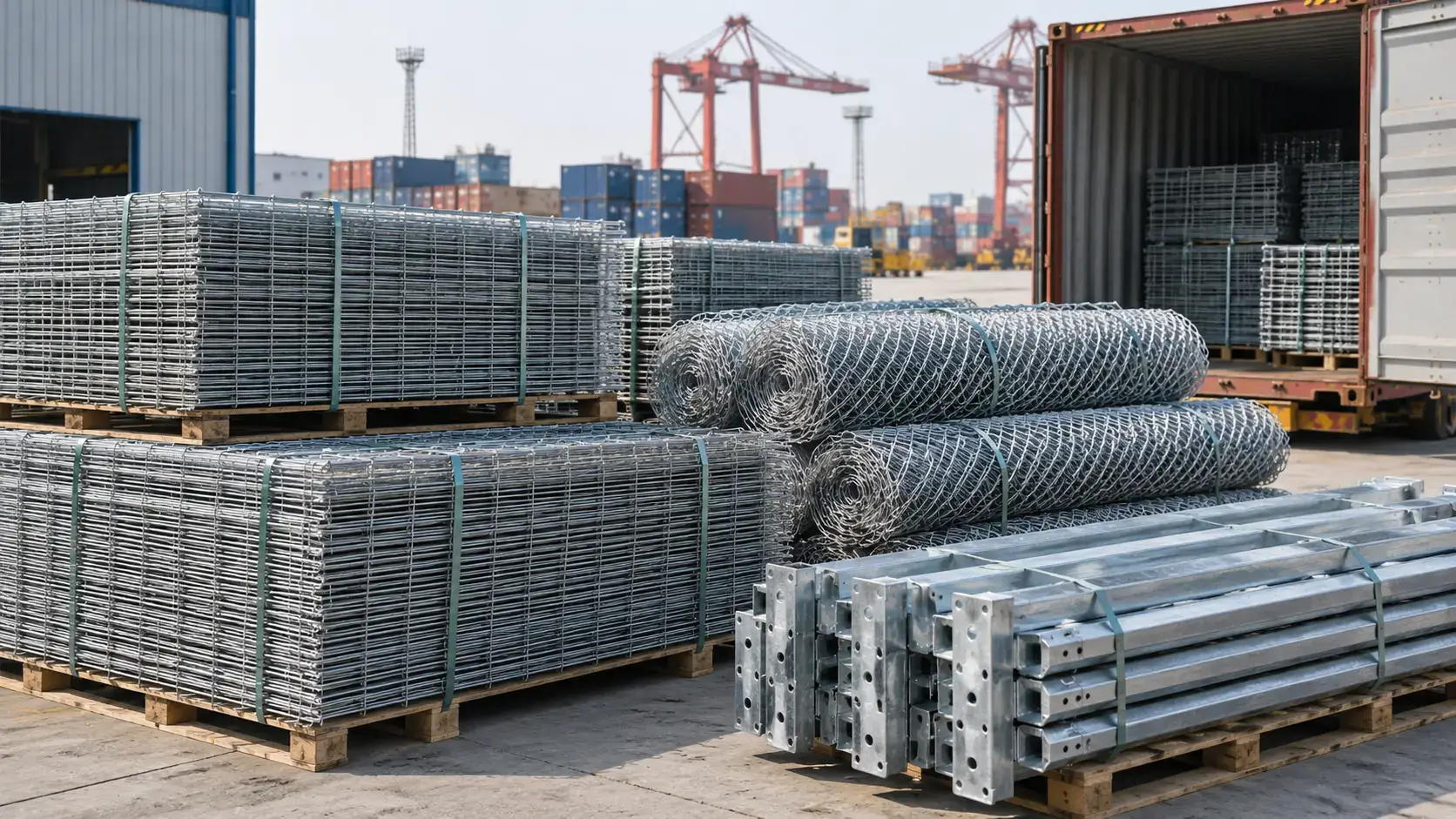 Palletised galvanised welded mesh panels and chain link rolls beside pallets of galvanised steel posts and fittings, with a shipping container being loaded in a port yard