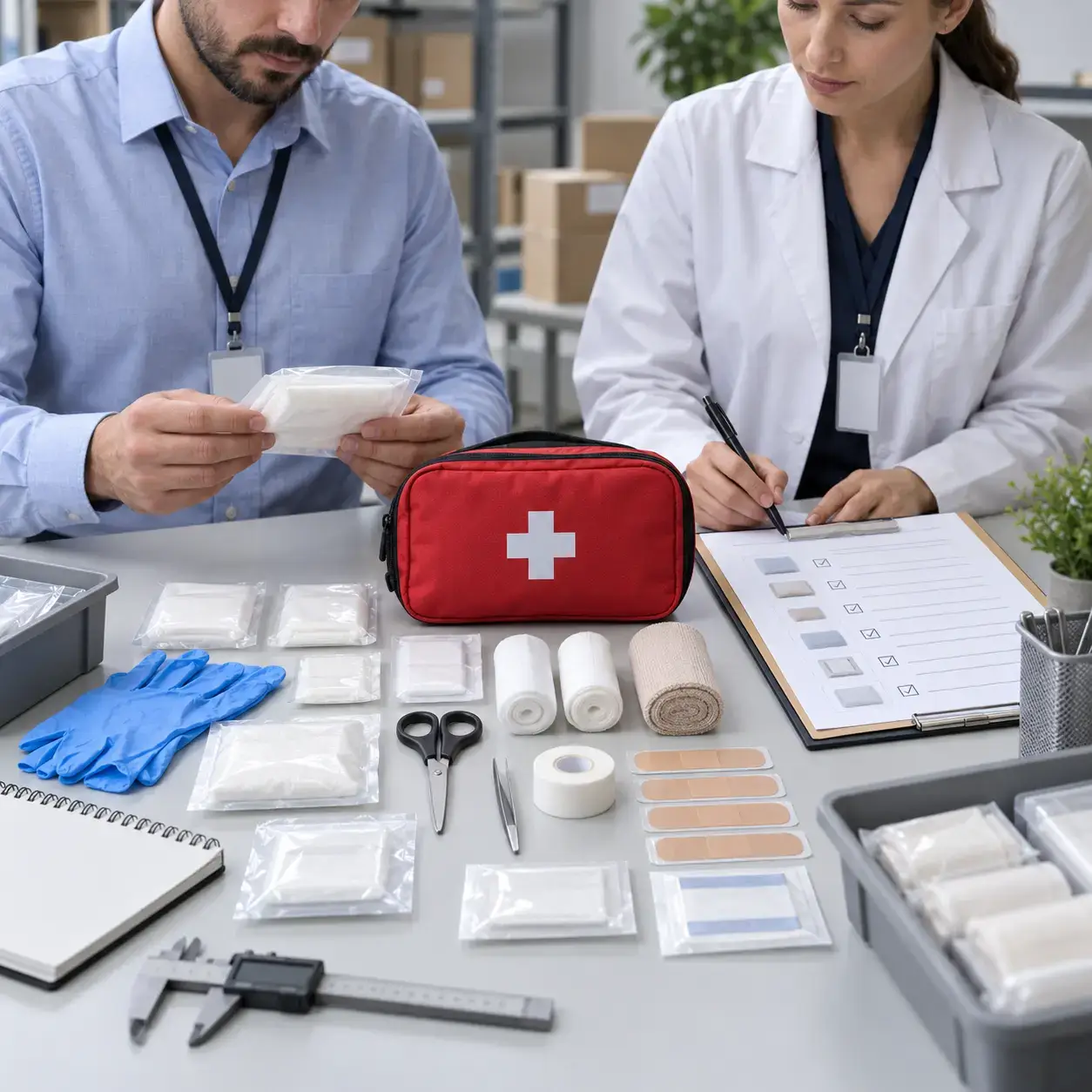 First aid kit components organized for lot tracking and shelf life control