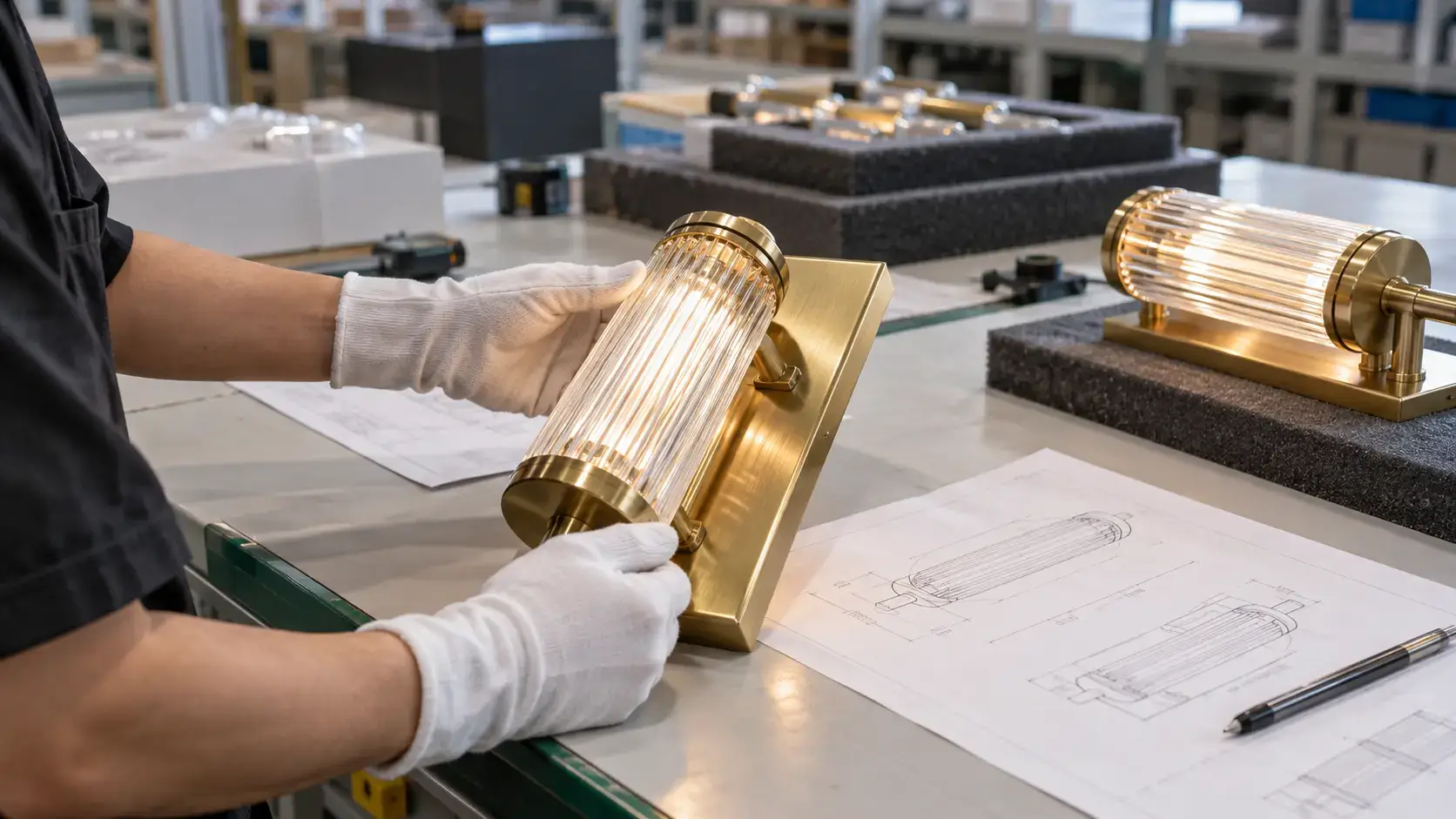 Trial assembly and mounting inspection of a custom brass hotel chandelier before shipment