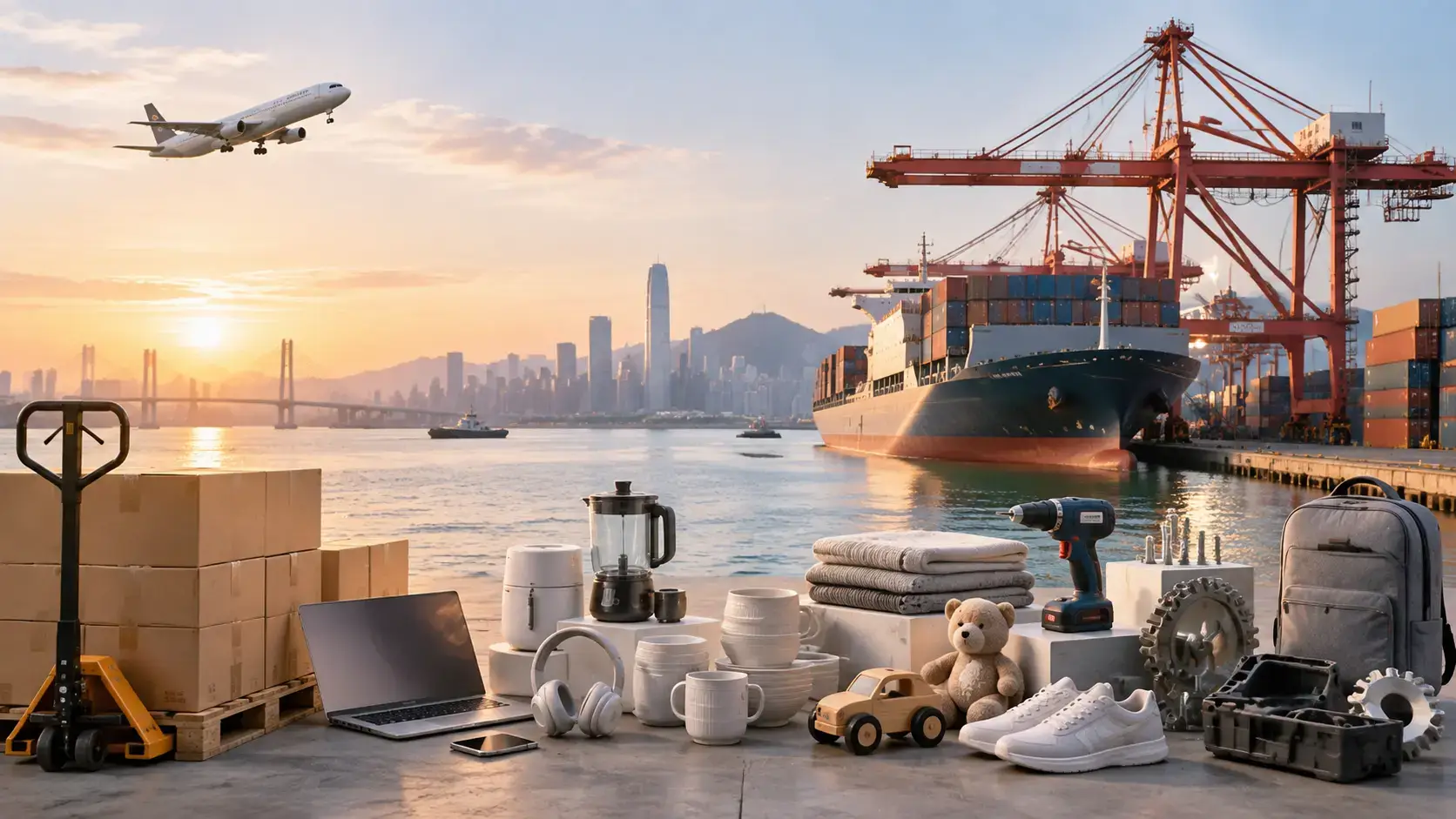 Map of China's manufacturing regions on a desk surrounded by product samples including fabric swatches, a circuit board, an LED bulb, porcelain, toys and hardware, with a container port in the background
