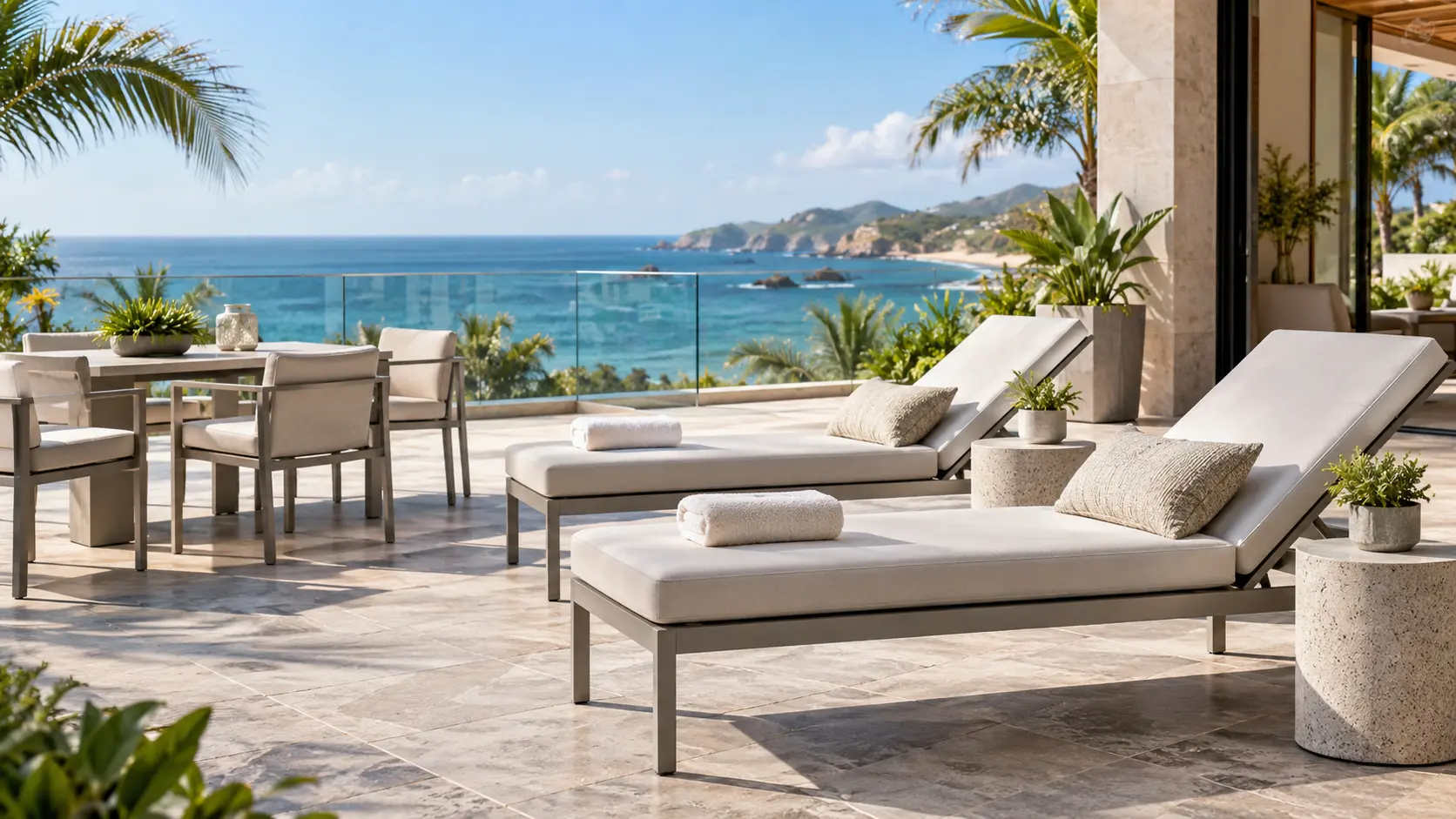 Beachfront hotel terrace with sun loungers, a dining set, glass balustrade and sea views