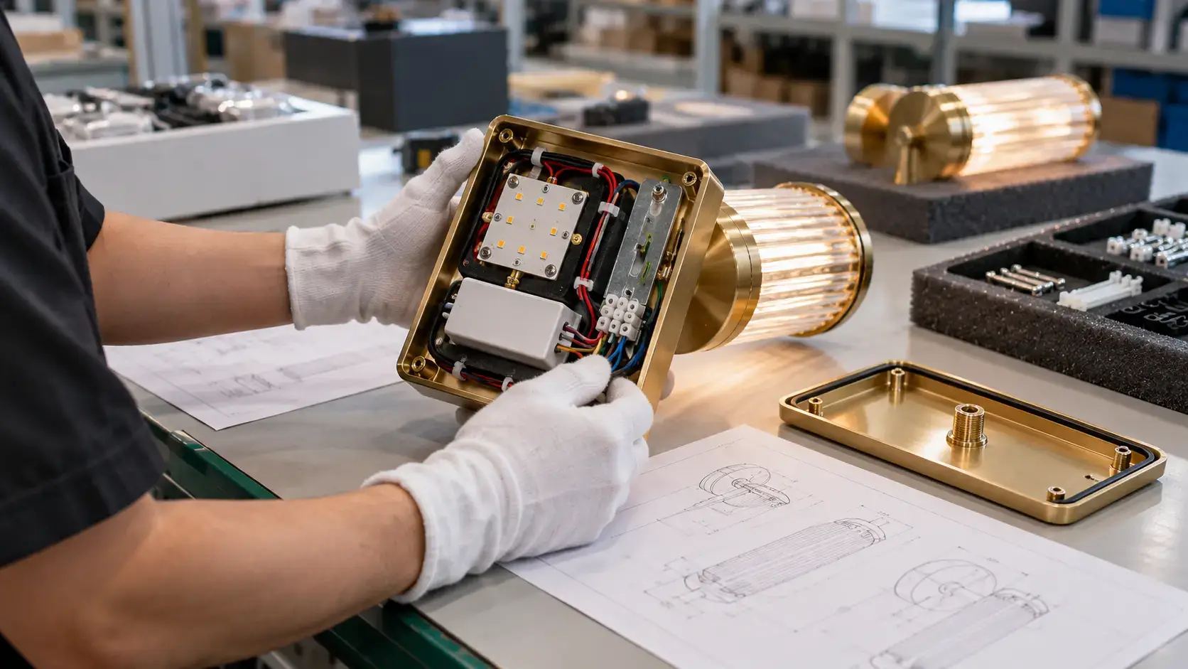 Inspector measuring critical dimensions and mounting points on a custom hotel wall light
