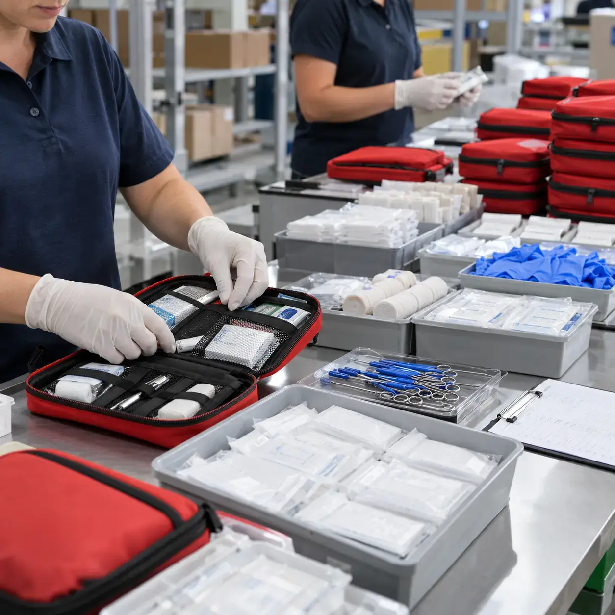 Finished first aid kit undergoing final inspection and lot traceability checks