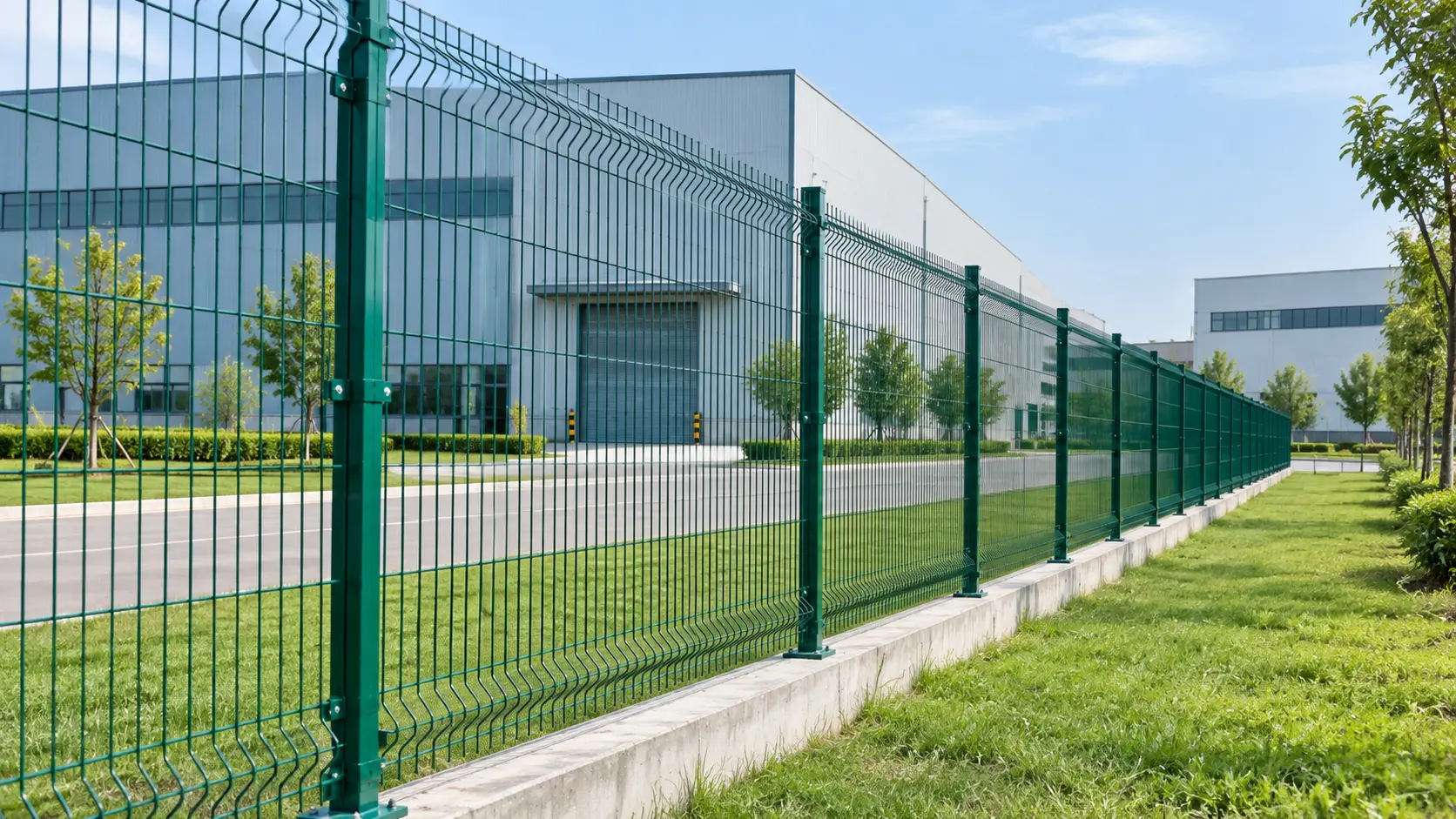 Green powder-coated welded mesh fence panels with 3D V-bends and steel posts installed along a concrete kerb outside an industrial building
