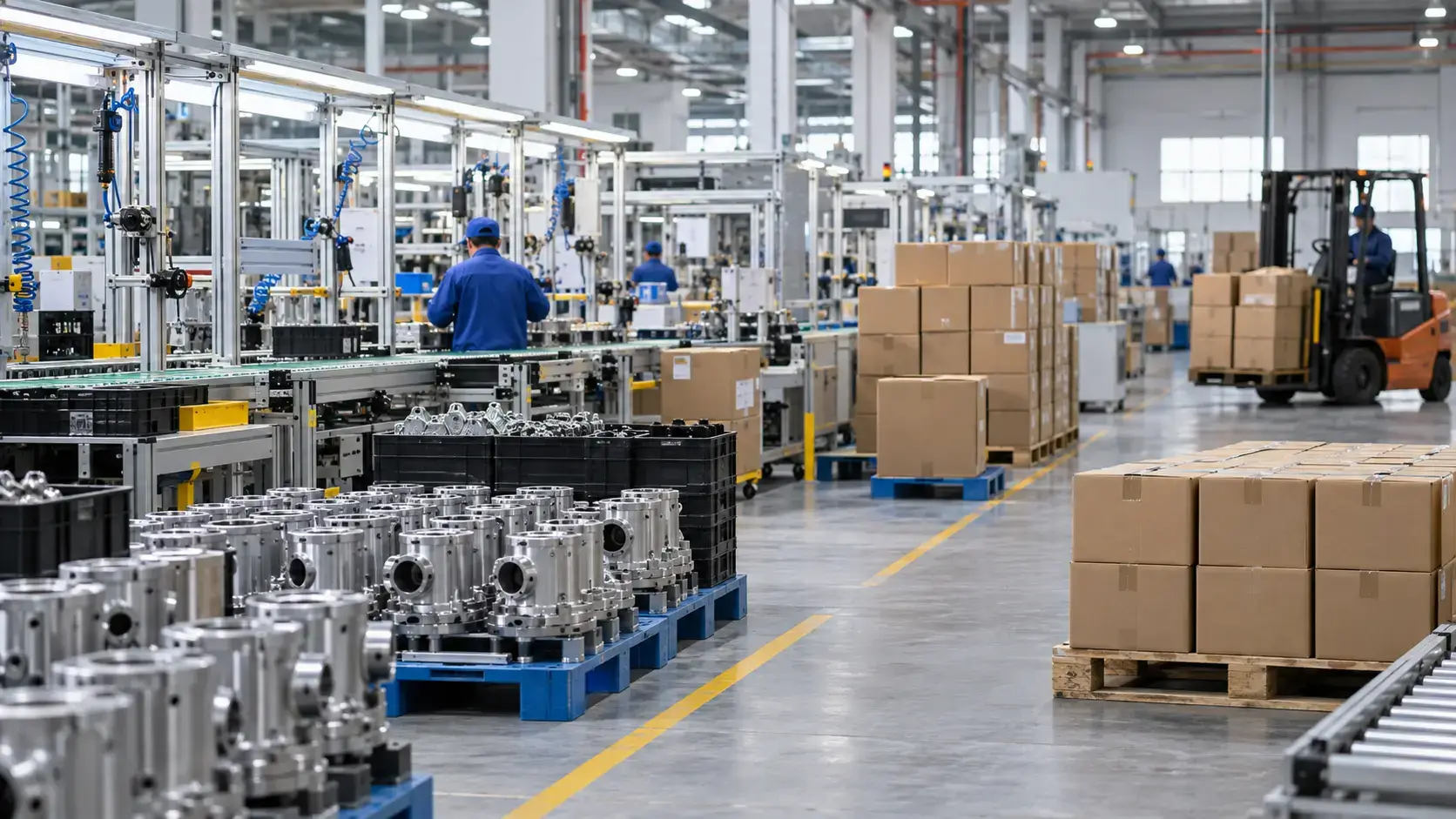 Production line inside a Chinese manufacturing factory with workers, machined parts, and packed cartons