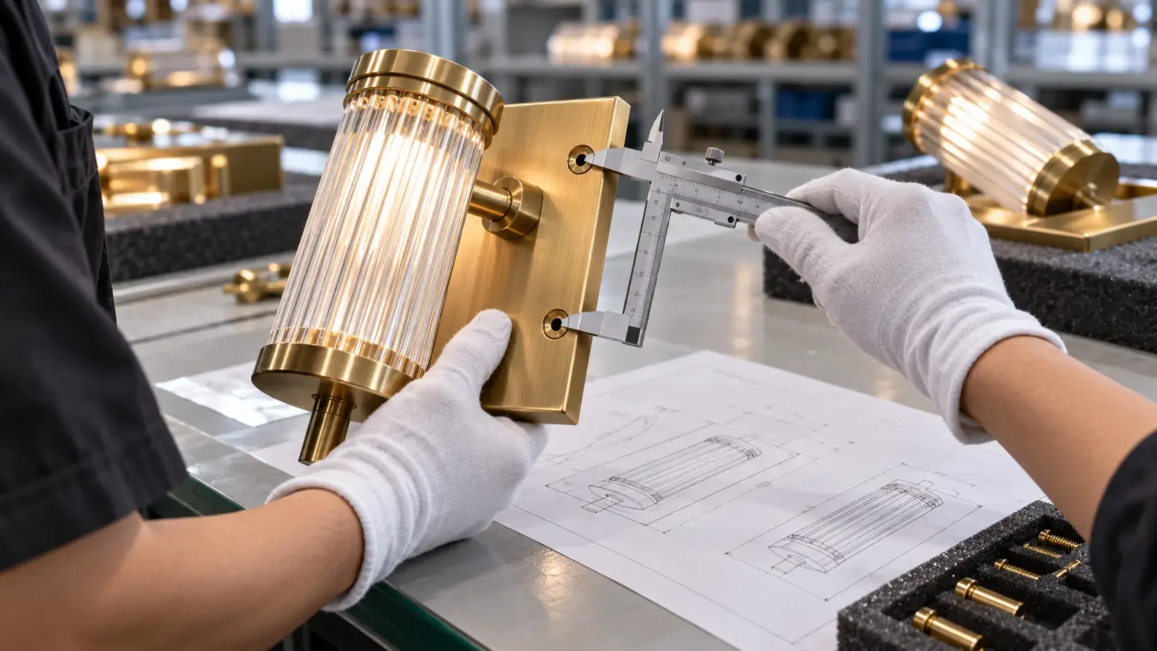 Inspector checking a custom hotel wall light against approved drawings and specifications before shipment