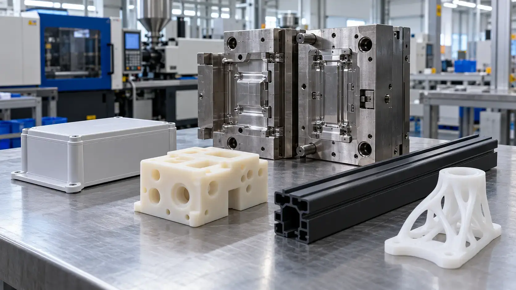 Injection-molded plastic enclosure, machined block, extruded profile, 3D-printed lattice part and the two halves of an injection mold on a workshop table