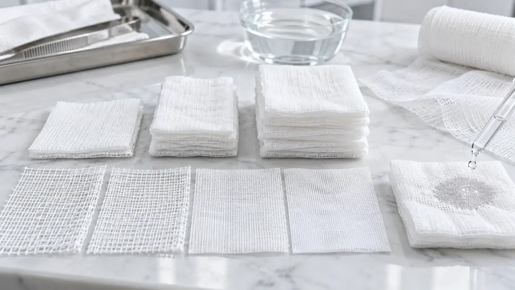 Different medical cotton gauze mesh densities, folded layers and liquid absorption comparison