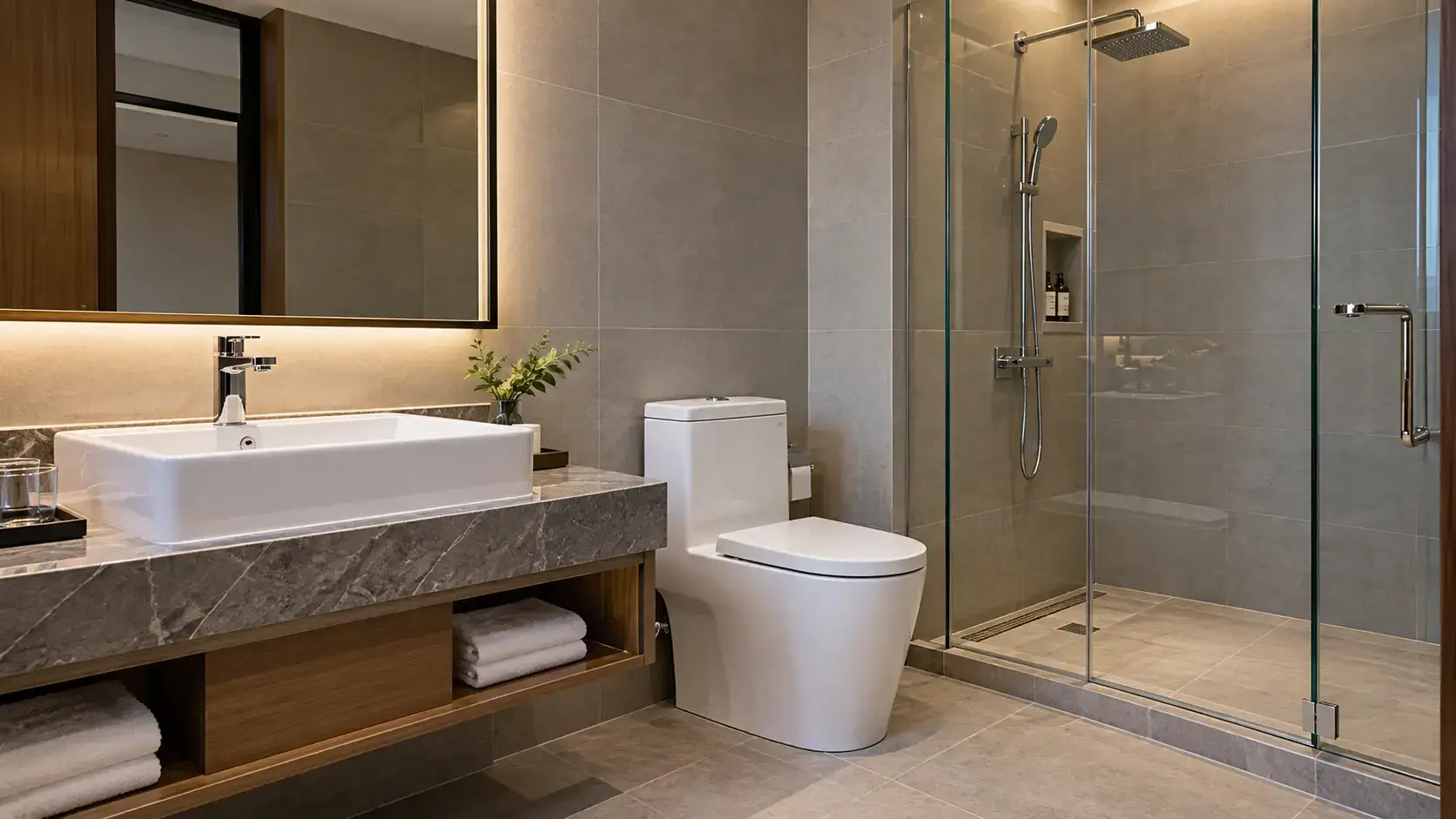 Hotel bathroom with a ceramic toilet, ceramic washbasin, and glass shower enclosure