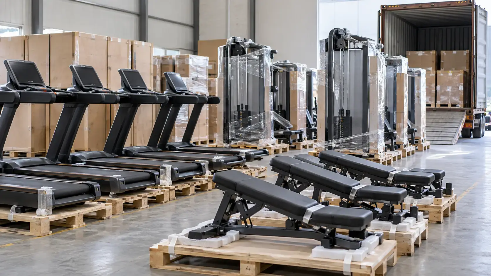 Commercial gym fitness equipment including treadmills, exercise bikes, strength machines, adjustable benches and dumbbells
