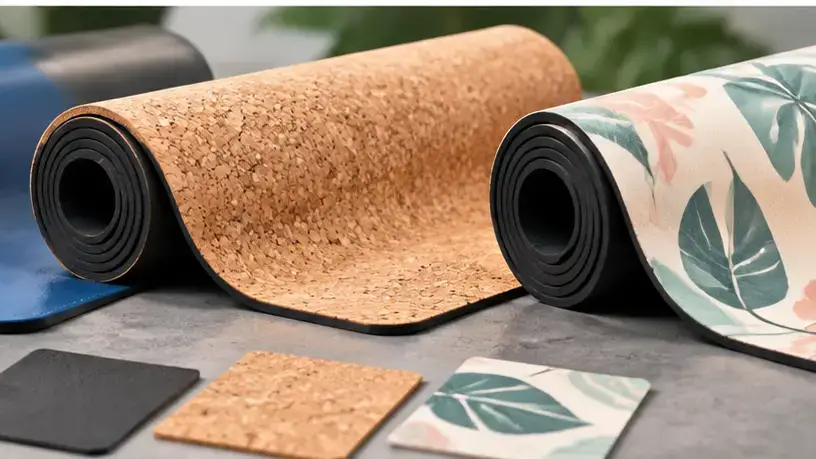 Cork, rubber-backed, and printed yoga mat material samples