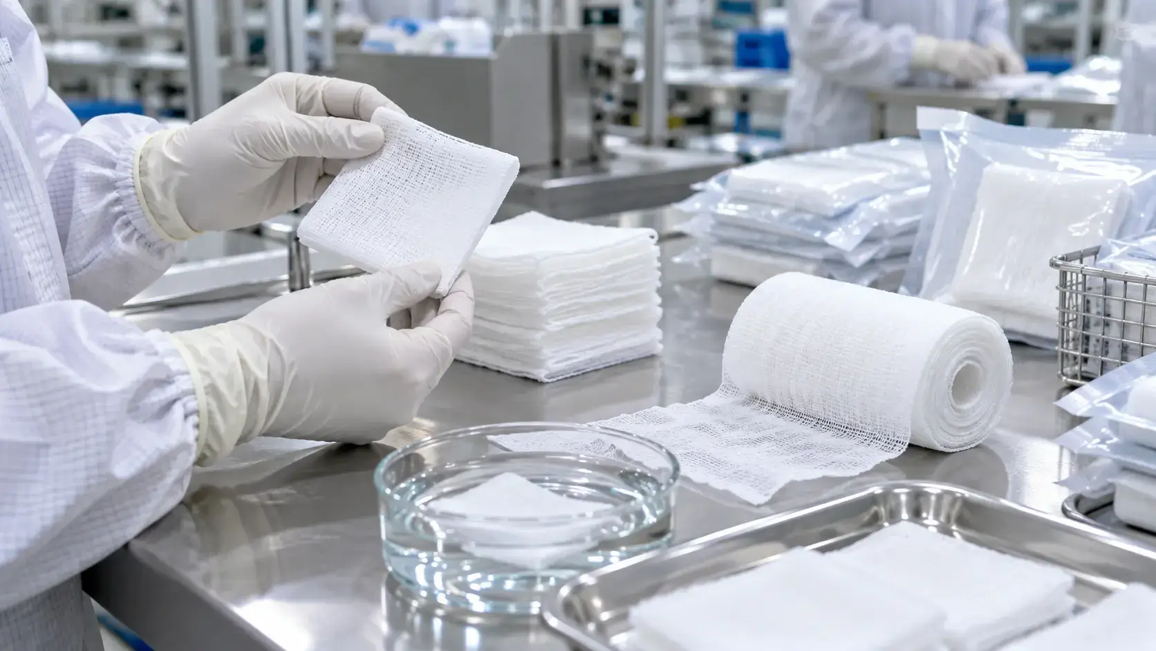 Medical gauze quality control inspection of folded cotton gauze pads, gauze rolls and packaging