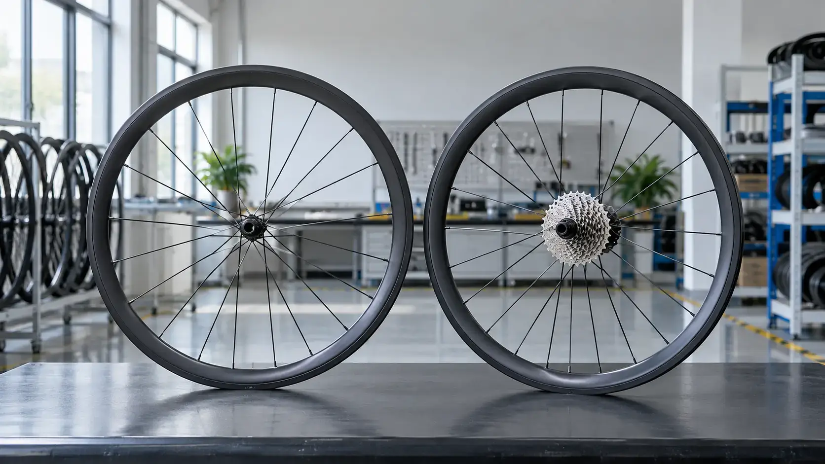 Front and rear OEM bicycle wheelsets displayed in a professional wheel assembly workshop