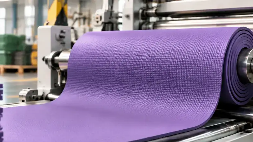 Yoga mat material moving through industrial rollers during factory production