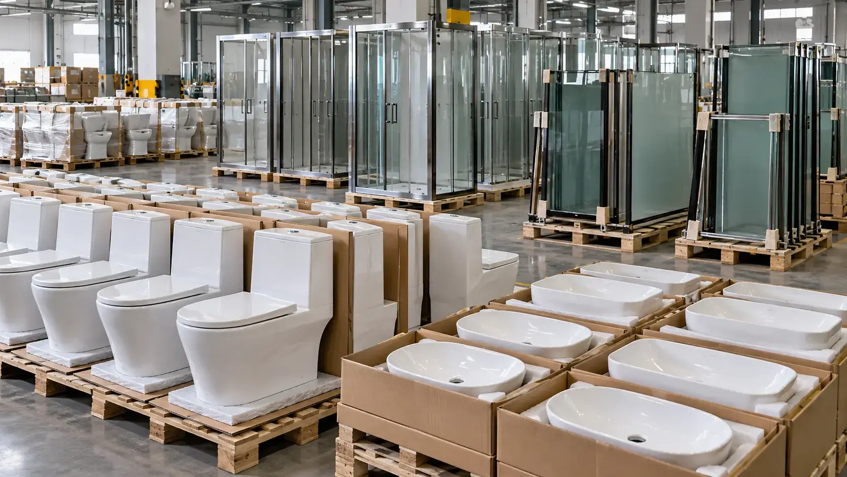 Ceramic toilets, washbasins, and shower enclosure panels arranged in a warehouse for shipment