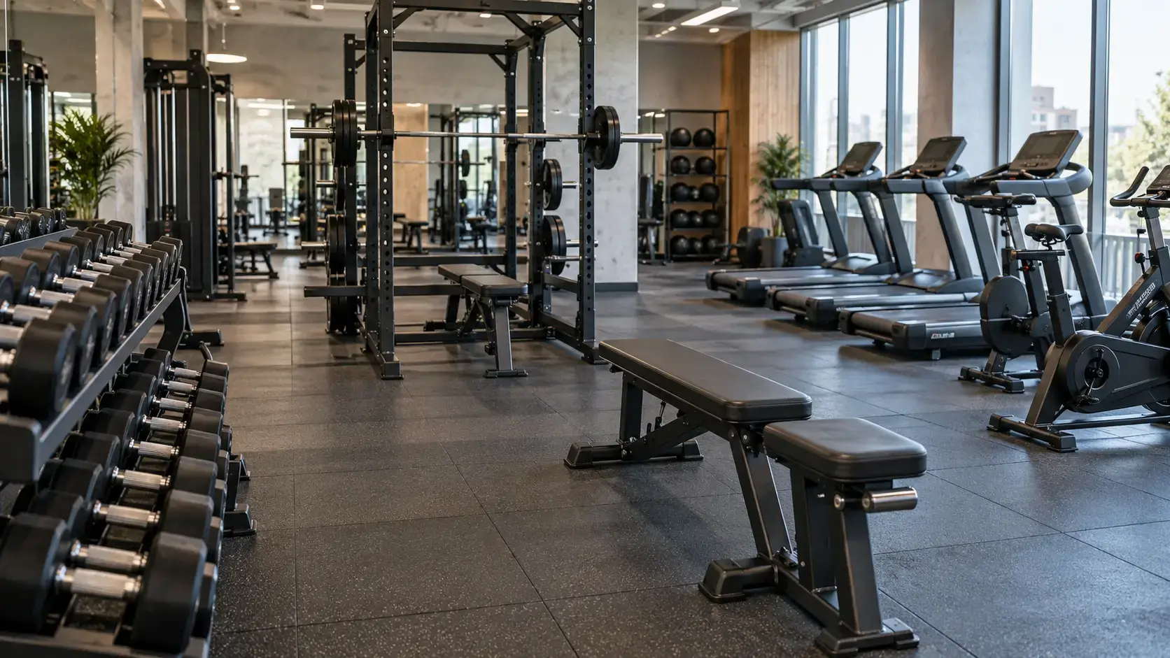 Wholesale treadmills, strength machines and gym benches prepared on pallets in a fitness equipment export warehouse